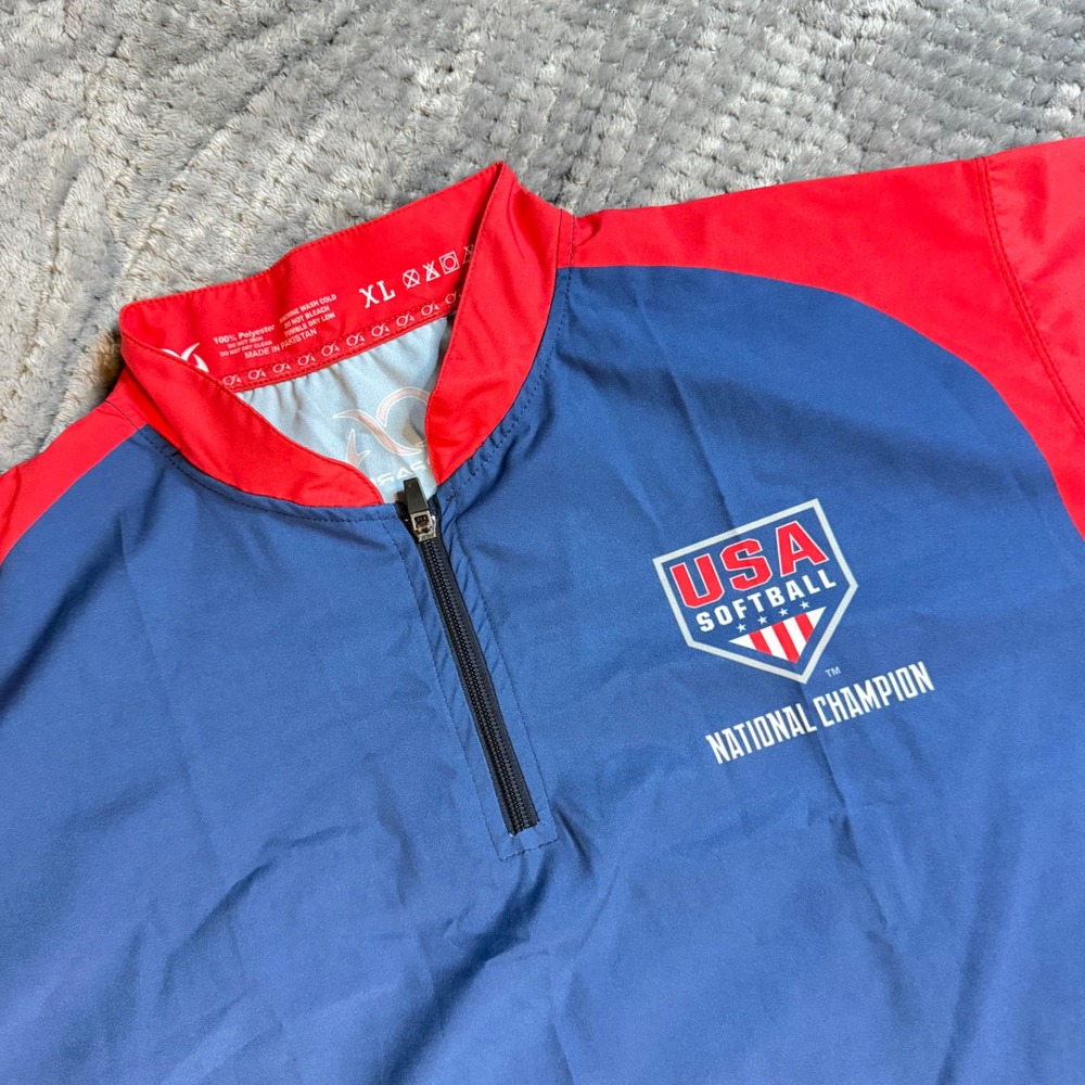 CA Apparel USA Softball National Champion Quarter Zip Pullover Blue Red Mens XL